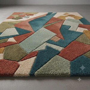 May include: A rectangular area rug featuring a geometric pattern of interlocking shapes in shades of teal, terracotta, olive green, mustard yellow, and cream. The rug has a thick, textured pile with varying heights that define the distinct shapes.