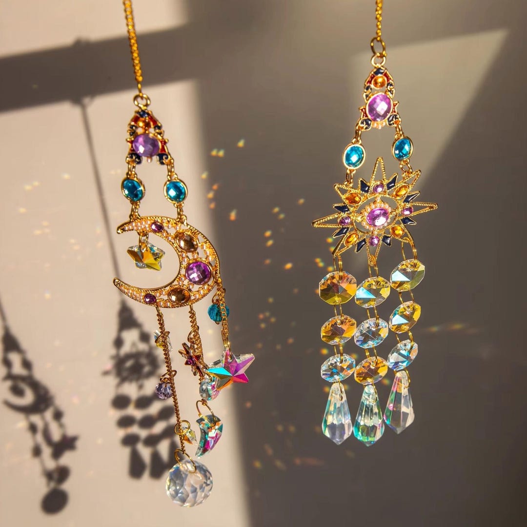 Crystal Moon Sun Suncatcher: Rainbow Window Hanging Prism, Boho Decor ...