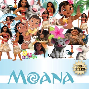 Könnte beinhalten: Eine Collage von Bildern mit Charakteren aus dem Animationsfilm "Vaiana". Die Bilder zeigen Vaiana, Maui, Pua das Schwein, Hei Hei den Hahn und andere Charaktere. Das Wort "Moana" steht in großen blauen Buchstaben am unteren Bildrand, mit einer Grafik "300+ FILES".