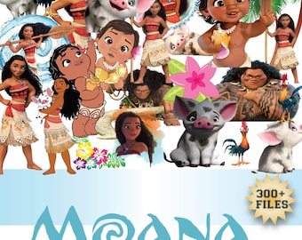 Moana Watercolor PNG Bundle 300+ Files, Moana Maui Pua Hei Hei Cartoon Clipart Pack, Disney Princess PNG, Transparent Background Files