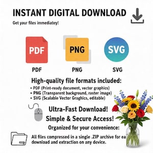 May include: An image promoting instant digital downloads, featuring icons for PDF, PNG, and SVG file formats. Text highlights high-quality formats, ultra-fast download, and secure access. A bouquet of flowers in a glass vase is in the bottom right corner.