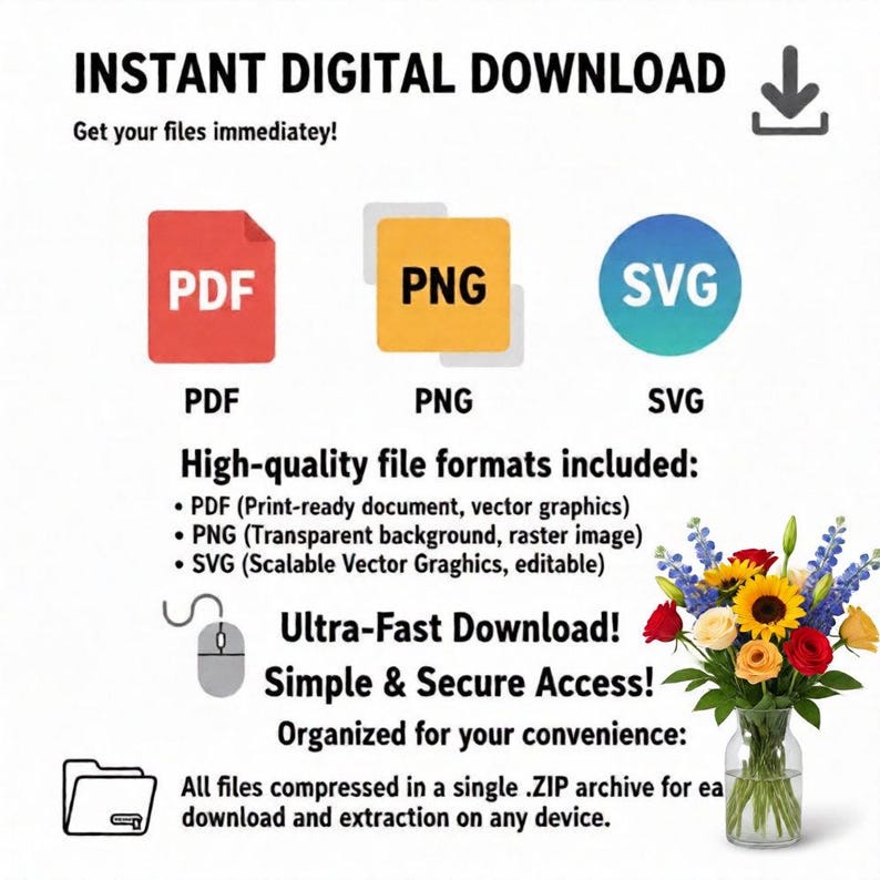 May include: An image promoting instant digital downloads, featuring icons for PDF, PNG, and SVG file formats. Text highlights high-quality formats, ultra-fast download, and secure access. A bouquet of flowers in a glass vase is in the bottom right corner.