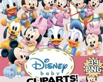 Baby Mickey Minnie Clipart PNG Bundle, Disney Baby Cartoon PNG, 39 PNG Sublimation Files, Baby Shower Kids Digital Download