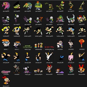 May include: A selection of cartoon character illustrations, including The Powerpuff Girls, Dexter, Johnny Bravo, and Courage the Cowardly Dog. The images are in various poses and styles, set against a dark background.