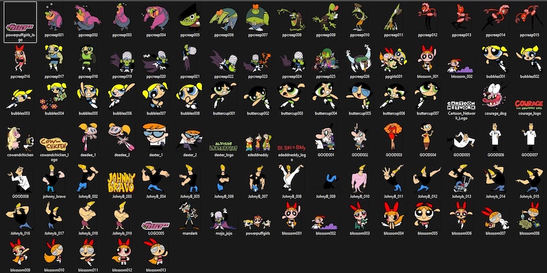 May include: A selection of cartoon character illustrations, including The Powerpuff Girls, Dexter, Johnny Bravo, and Courage the Cowardly Dog. The images are in various poses and styles, set against a dark background.