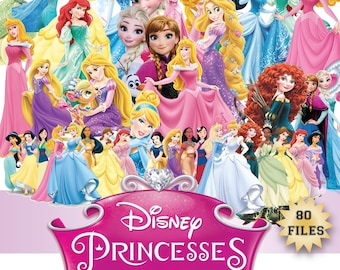 Dsney Princess Clipart PNG Bundle, Elsa Anna Rapunzel Cinderella Ariel Belle Jasmine Aurora Tiana Characters Sublimation Download Pack