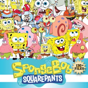May include: A vibrant collage featuring numerous characters from the animated series SpongeBob SquarePants. The image includes SpongeBob, Patrick Star, and other characters, with the show's logo in yellow and blue. The text "130+ FILES" is also visible.