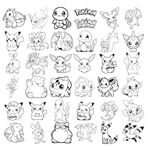 May include: A collection of black and white line art illustrations of various Pok&eacute;mon characters. The image includes popular characters like Pikachu, Charmander, and Bulbasaur, along with the Pok&eacute;mon logo.