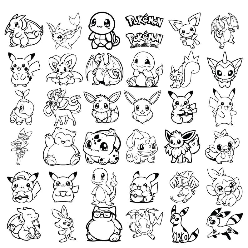 May include: A collection of black and white line art illustrations of various Pok&eacute;mon characters. The image includes popular characters like Pikachu, Charmander, and Bulbasaur, along with the Pok&eacute;mon logo.