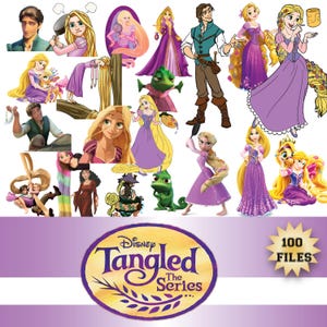 May include: A selection of digital illustrations from Disney's "Tangled: The Series." The images showcase Rapunzel, Flynn Rider, Pascal, and other characters in different poses. The series logo is visible, alongside text indicating "100 FILES."