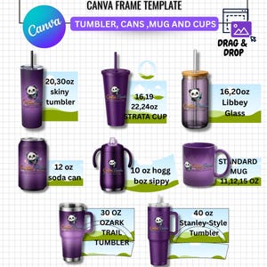 May include: A graphic showcasing a bundle of tumblers, mugs, and cups. The image displays various purple drinkware items, including a skinny tumbler, Strata cup, Libbey glass, soda can, sippy cup, standard mug, Ozark Trail tumbler, and a Stanley-style tumbler.