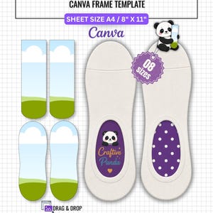 May include: An editable sock jig Canva frame template with text reading SOCK JIG EDITABLE, CANVA FRAME TEMPLATE, SHEET SIZE A4 / 8" X 11", 08 SIZES, DRAG & DROP, INSTANT DOWNLOAD, 100% EDITABLE IN CANVA, and PERFECT FIT, featuring panda graphics.