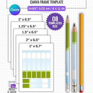 以下が含まれることがあります： Canva用の鉛筆ラベルテンプレート。2.54cm x 16.51cm、3.18cm x 16.51cm、3.81cm x 16.51cm、5.08cm x 16.51cm、2.54cm x 17.02cmを含む8つのサイズがあります。画像には、グリッド背景の上に3本の鉛筆とテキストが表示されています。
