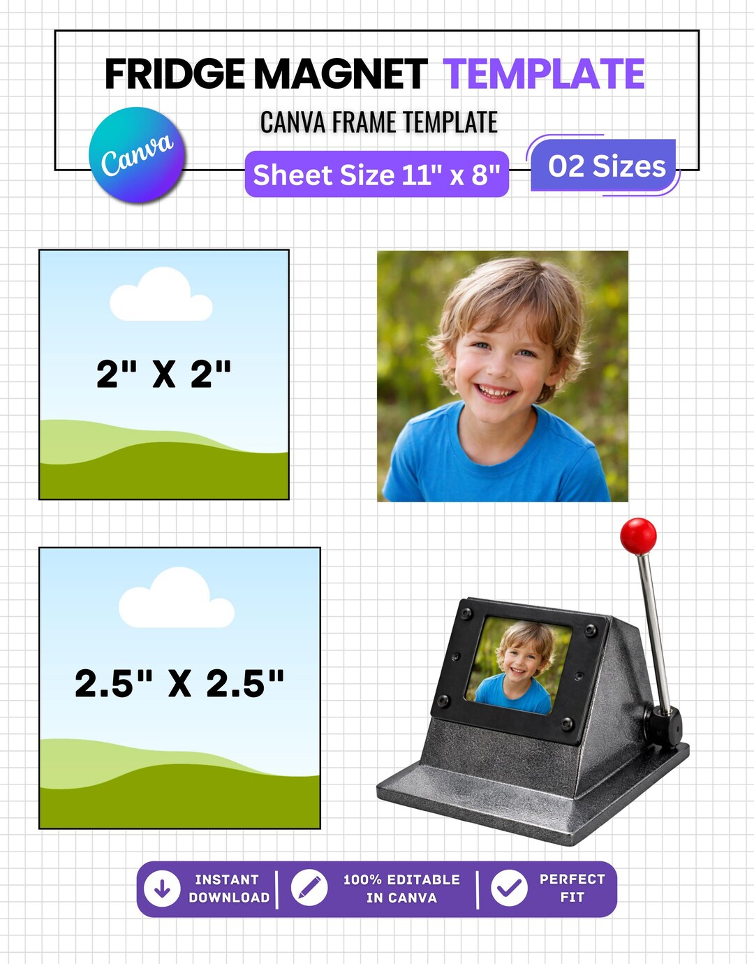 Square Fridge Magnet Template, Editable Canva Photo Magnet, 2x2 & 2.5x2 ...