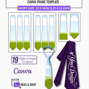 以下が含まれることがあります： Canva用の編集可能なフレーム付きデジタルネクタイテンプレート。画像には複数のネクタイの輪郭、風景柄のライトブルーのネクタイ、Your Designという文字が入った紫色のネクタイが表示されています。シートサイズは30.48 x 60.96 cmおよび21 x 29.7 cmです。