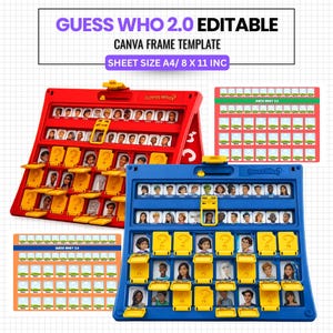 Puede incluir: Un juego de mesa Guess Who? rojo y azul con tarjetas de personajes amarillas y cubiertas de signos de interrogaci&oacute;n. El juego incluye el texto "GUESS WHO 2.0 EDITABLE CANVA FRAME TEMPLATE SHEET SIZE A4/ 8 X 11 INC".