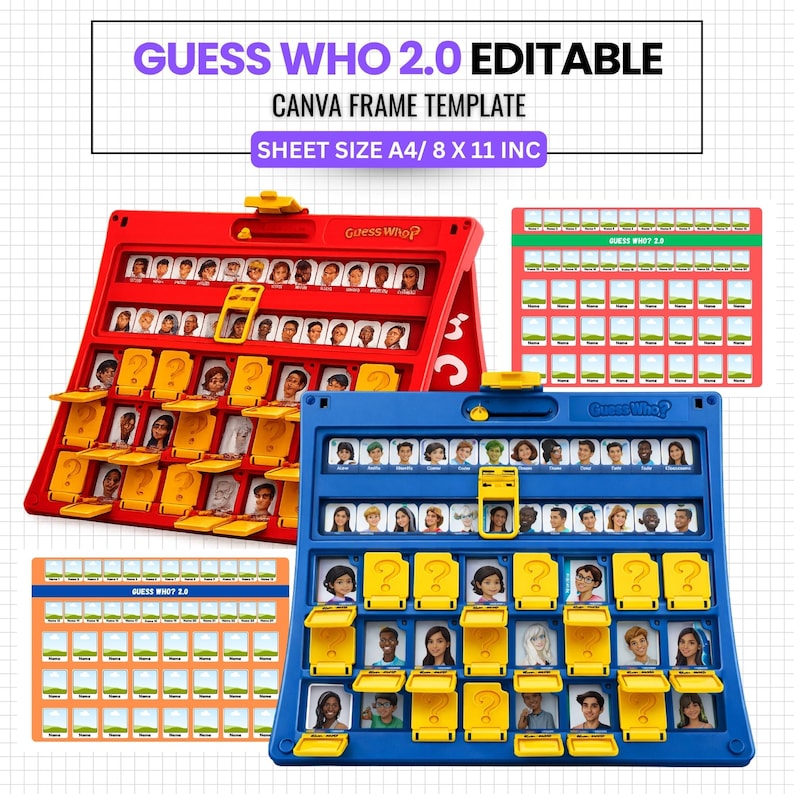 Puede incluir: Un juego de mesa Guess Who? rojo y azul con tarjetas de personajes amarillas y cubiertas de signos de interrogaci&oacute;n. El juego incluye el texto "GUESS WHO 2.0 EDITABLE CANVA FRAME TEMPLATE SHEET SIZE A4/ 8 X 11 INC".