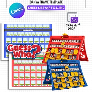 以下が含まれることがあります： 「Guess Who? 2.0」のデジタルCanvaフレームテンプレート。シートサイズはA4/8 x 11インチ。画像には、赤と青のゲームボードが表示され、「Guess Who?」と「Drag & Drop」のテキストがあります。