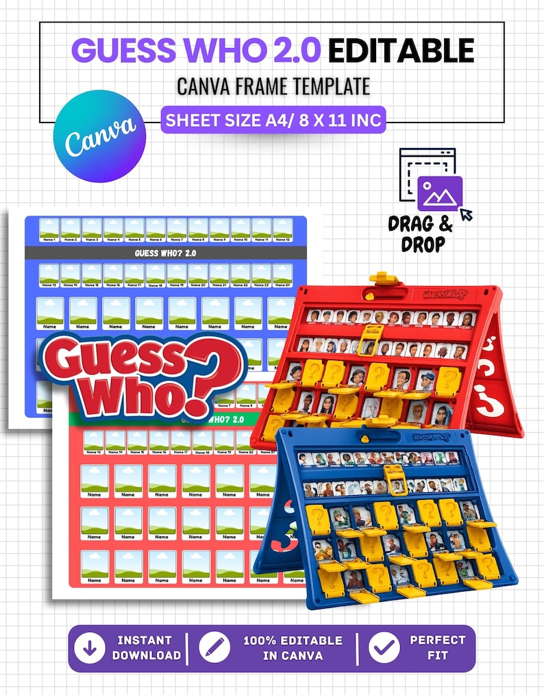 Puede incluir: Una plantilla de marco digital de Canva para el juego "&iquest;Qui&eacute;n es qui&eacute;n? 2.0" con un tama&ntilde;o de hoja A4/8 x 11 pulgadas. La imagen muestra el tablero del juego en rojo y azul, con el texto "&iquest;Qui&eacute;n es qui&eacute;n?" y "Arrastrar y soltar".
