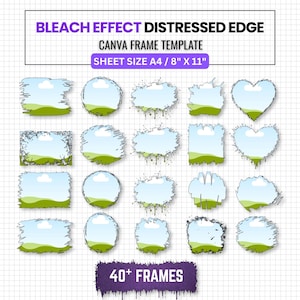 May include: A digital collection of over 40 bleach effect distressed edge Canva frame templates. The image displays various shapes including rectangles, circles, and hearts with rough, paint-splattered borders. Text reads: BLEACH EFFECT DISTRESSED EDGE CANVA FRAME TEMPLATE, SHEET SIZE A4 / 21cm x 29.7cm, 40+ FRAMES.