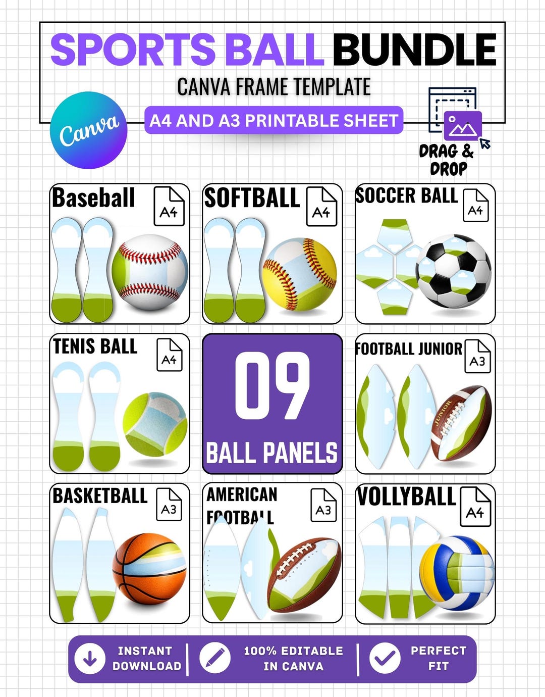 Sports Ball Panel Template Bundle Canva Editable, Basketball Football ...