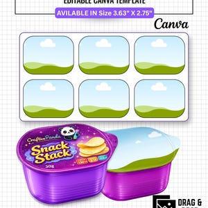 May include: A digital template for snack stack labels featuring the text SNACK STACK TEMPLATE, EDITABLE CANVA TEMPLATE, and AVAILABLE IN Size 3.63" X 2.75". The design includes six rectangular frames with a landscape graphic and two purple snack cups.