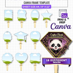 May include: A digital template for paddle fans with various shapes, including a star, heart, and cloud. The design features a Canva frame template, with the text "Paddle Fan Editable" and "18 Different Design". The sheet size is A4 / 8" x 11".