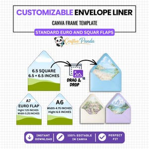 May include: A graphic showing customizable envelope liners with the text "CUSTOMIZABLE ENVELOPE LINER" and "CANVA FRAME TEMPLATE". The image includes envelope templates in various sizes, including 6.5 x 6.5 inches square, A7 Euro Flap, and A6.