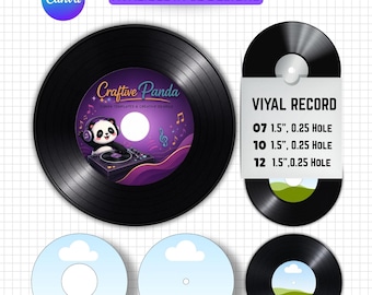 Vinyl Record Label Template Bundle Canva Editable, Record Label Sticker Template, 7 Inch 10 Inch 12 Inch Vinyl Labels, Drag and Drop Canva