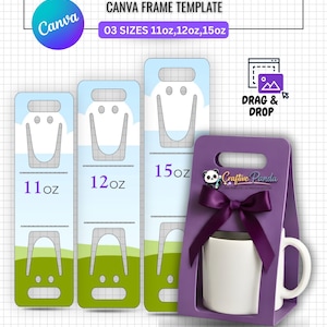 May include: A white mug in a purple gift box with a dark purple ribbon. The image includes three mug holder templates in 11oz, 12oz, and 15oz sizes. The text on the image says "Mug Holder Canva Frame Template".