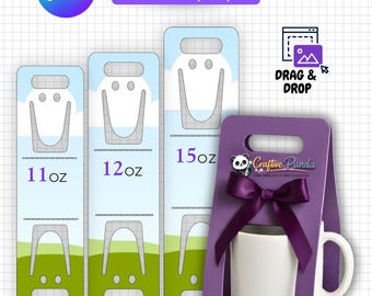 Plantilla para soporte de tazas editable en Canva, plantilla para caja de regalo de tazas de 11 oz, 12 oz y 15 oz, plantilla de empaque para tazas, caja para tazas de recuerdo de fiesta, función de arrastrar y soltar.