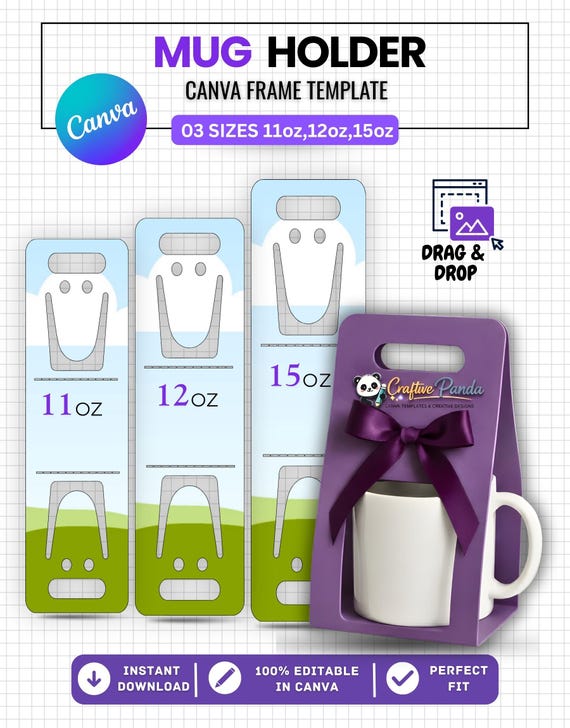 Mug Holder Template Canva Editable, Mug Gift Box Template 11oz 12oz 15oz, Mug Packaging Template, Party Favor Mug Box, Drag and Drop
