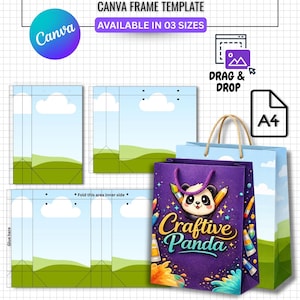 以下が含まれることがあります： パンダのデザインの紙ギフトバッグテンプレート。3つのサイズがあります。デザインには、鉛筆を持ったパンダと「Craftive Panda」の文字が含まれています。画像には、バッグの構造とCanvaのロゴも表示されています。