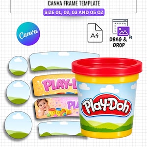 以下が含まれることがあります： Play-DohチューブのラッパーCanvaフレームテンプレート。赤い蓋と黄色のベース、Play-Dohのロゴが付いたPlay-Dohチューブのデザインです。テンプレートは01、02、03、05オンスのサイズで利用できます。「インスタントダウンロード」と「Canvaで100％編集可能」のテキストが含まれています。