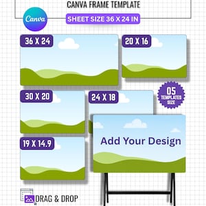 Può includere: Un modello di cornice Canva per tavolo TV con cinque segnaposto rettangolari e illustrazioni paesaggistiche. Il testo include TV TABLE EDITABLE, SHEET SIZE 91,4 x 61 cm, 05 TEMPLATES SIZE e Add Your Design. Le dimensioni sono 91,4x61, 50,8x40,6, 76,2x50,8, 61x45,7 e 48,3x37,8 cm.