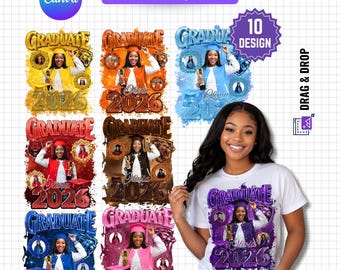 Graduation T Shirt Template Bundle, Editable Canva Senior Shirt Designs, Class of 2026 Photo Graduation Tee, 10 Grad Templates