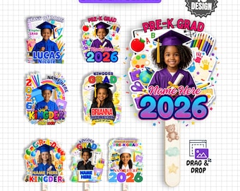 Pre-K Kindergarten Graduation Fan Template Canva Editable, Kinder Grad 2026 Photo Fan PNG, Kids Graduation Party Favor