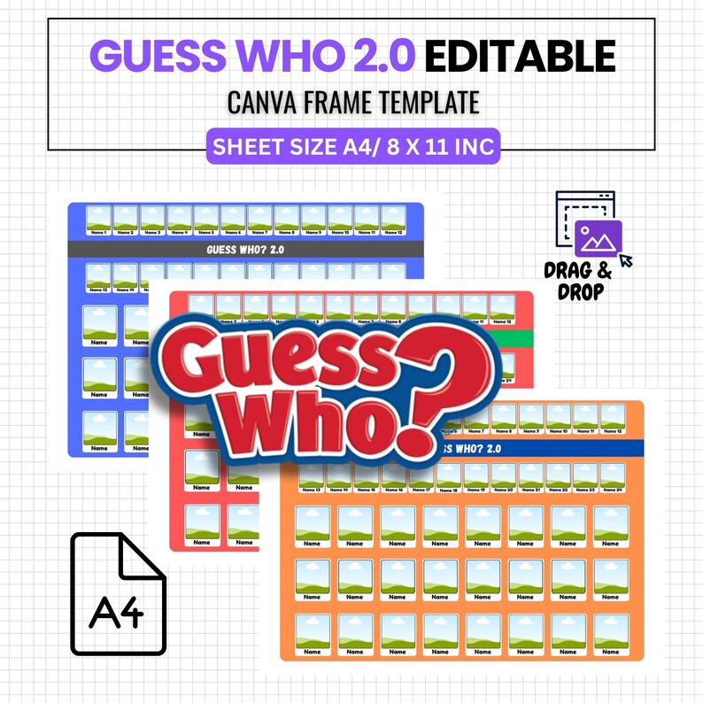 Plantilla de ¿Quién es quién? 2.0, Plantilla de juego de ¿Quién es quién? en Canva, Tarjetas personalizadas de ¿Quién es quién?, Plantilla imprimible editable de ¿Quién es quién?, Juego de fotos DIY, Plantilla para fiestas imagen 3