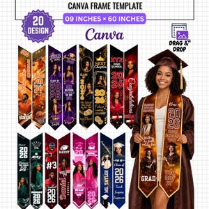Può includere: Un modello di design per stole di laurea con 20 opzioni di design. Il modello misura 23 cm x 152 cm. Il design include testo come "Graduation Stole Design", "Class of 2026" e "You Did It".