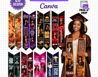Graduation Stole Canva Template 2026, Editable Graduation Sash Design Bundle, Senior Graduation Stole Sublimation Template