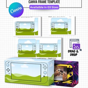 May include: A Nintendo Switch box template with the text "NINTENDO SWITCH BOX CANVA FRAME TEMPLATE". The box design features a green and blue landscape, with the text "Available in 03 Sizes". The image also includes the text "Instant Download", "100% Editable in Canva", and "Perfect Fit".