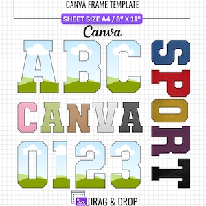 May include: A digital Canva frame template featuring sports-style letters and numbers. The design includes the text SPORTS ALPHABET NUMBER, CANVA FRAME TEMPLATE, and SHEET SIZE A4 / 8" X 11". Some characters display a landscape graphic.