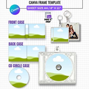 Puede incluir: Una plantilla digital para un mini llavero de CD de álbum. El diseño incluye una carcasa frontal, una carcasa trasera y una carcasa circular de CD, todas con un diseño de paisaje. El texto incluye "MINI ALBUM CD KEYCHAIN" y "CANVA FRAME TEMPLATE".