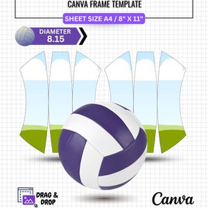 Puede incluir: Una plantilla de marco de Canva para panel de voleibol con un balón morado y blanco, diseños de paneles planos con gráfico de cielo y césped, y texto que incluye VOLLEYBALL PANEL, SHEET SIZE A4 / 21 cm x 28 cm, DIAMETER 20,7 cm y Canva.