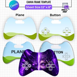 May include: Game controller template with a Canva frame. The sheet size is 28 x 20 cm. The design includes controller outlines labeled "Plane" and "Button", with button layouts. The bottom controller features a purple dragon and woman's face design. Includes "Instant Download" and "100% Editable in Canva" text.