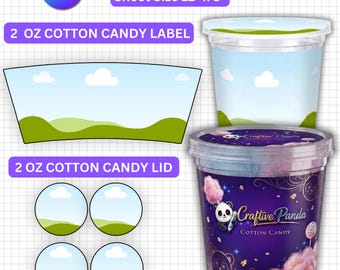 Cotton Candy Label Template Canva Editable, 2oz Cotton Candy Tub Wrap and Lid Template, Party Favor Label, Birthday Candy Jar Sticker