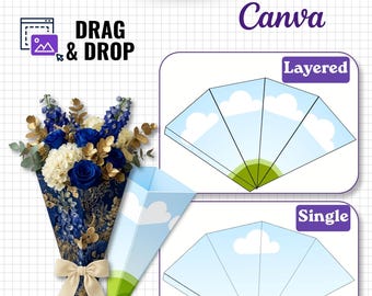 Pyramid Bouquet Template Canva Editable, Flower Bouquet Gift Box Template, Photo Bouquet Wrapper, Floral Bouquet Holder, Drag and Drop