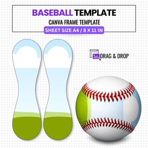 May include: A baseball template Canva frame featuring two vertical, rounded shapes with a blue sky and green grass design, alongside a white baseball with red stitching. Text reads BASEBALL TEMPLATE, CANVA FRAME TEMPLATE, SHEET SIZE A4 / 8 X 11 IN, DRAG & DROP.