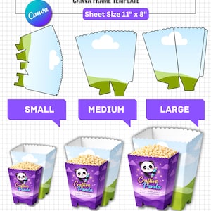 May include: A popcorn box template in small, medium, and large sizes. The design includes a panda graphic and the text "Craftive Panda." The sheet size is 28 cm x 20 cm. The template is 100% editable in Canva and available for instant download.