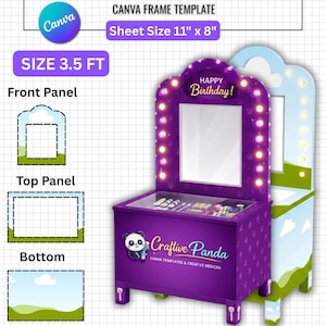 May include: A purple vanity gift box template with a mirror and lights, featuring the text "Happy Birthday!" and "Craftive Panda." The sheet size is 11" x 8" and the size is 3.5 ft. Includes "Instant Download" and "Perfect Fit" labels.